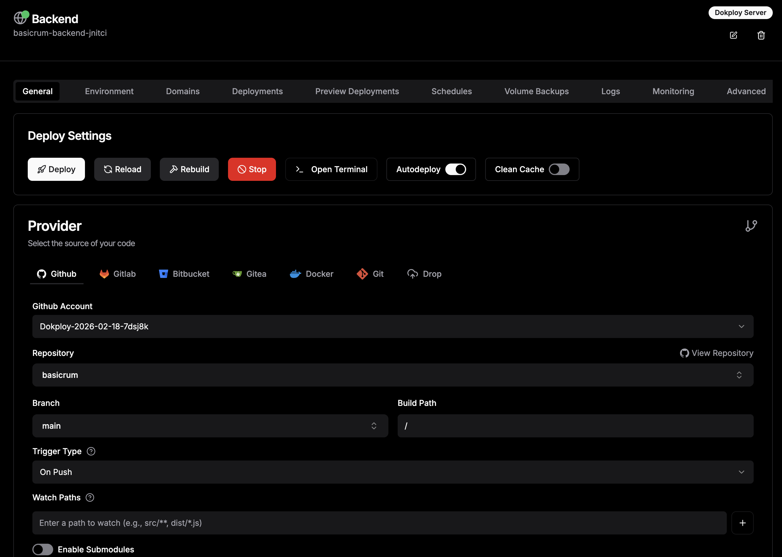Screenshot of backend specific settings