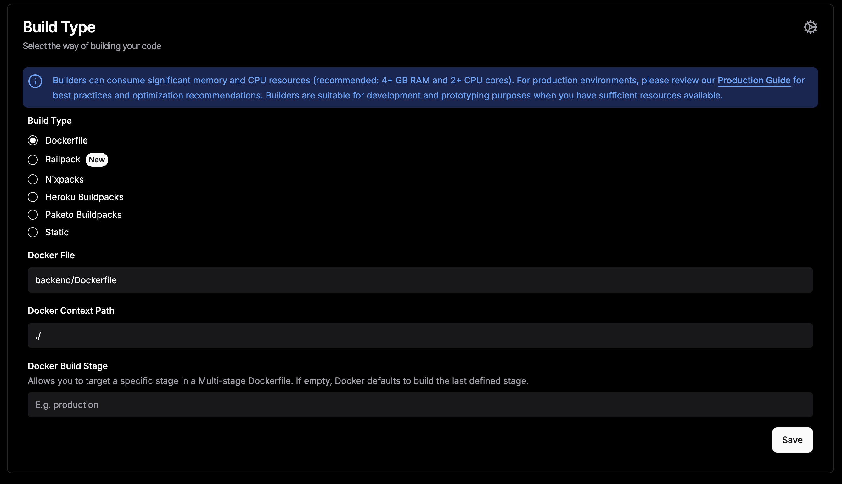 Build specific settings